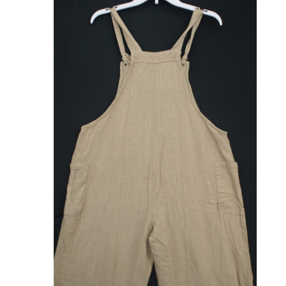 New In Womens Linen Blend Overalls Tan Beige Wide Leg Bib Pocket Jumpsuit L